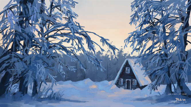Log cabin at dawn